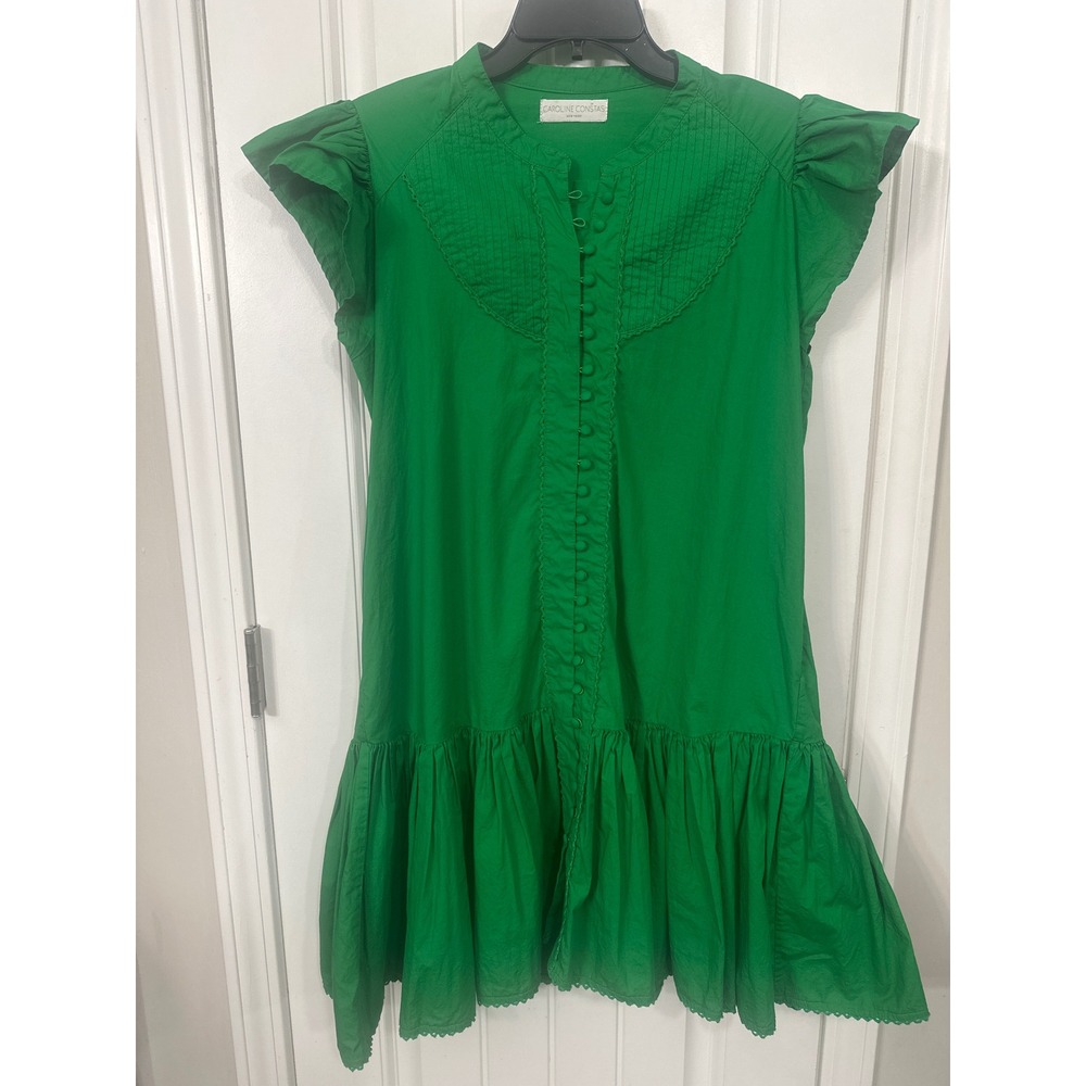 Caroline Constas Green Cotton Ruffle Mini Dress Flutter Sleeve Button Front Sz S